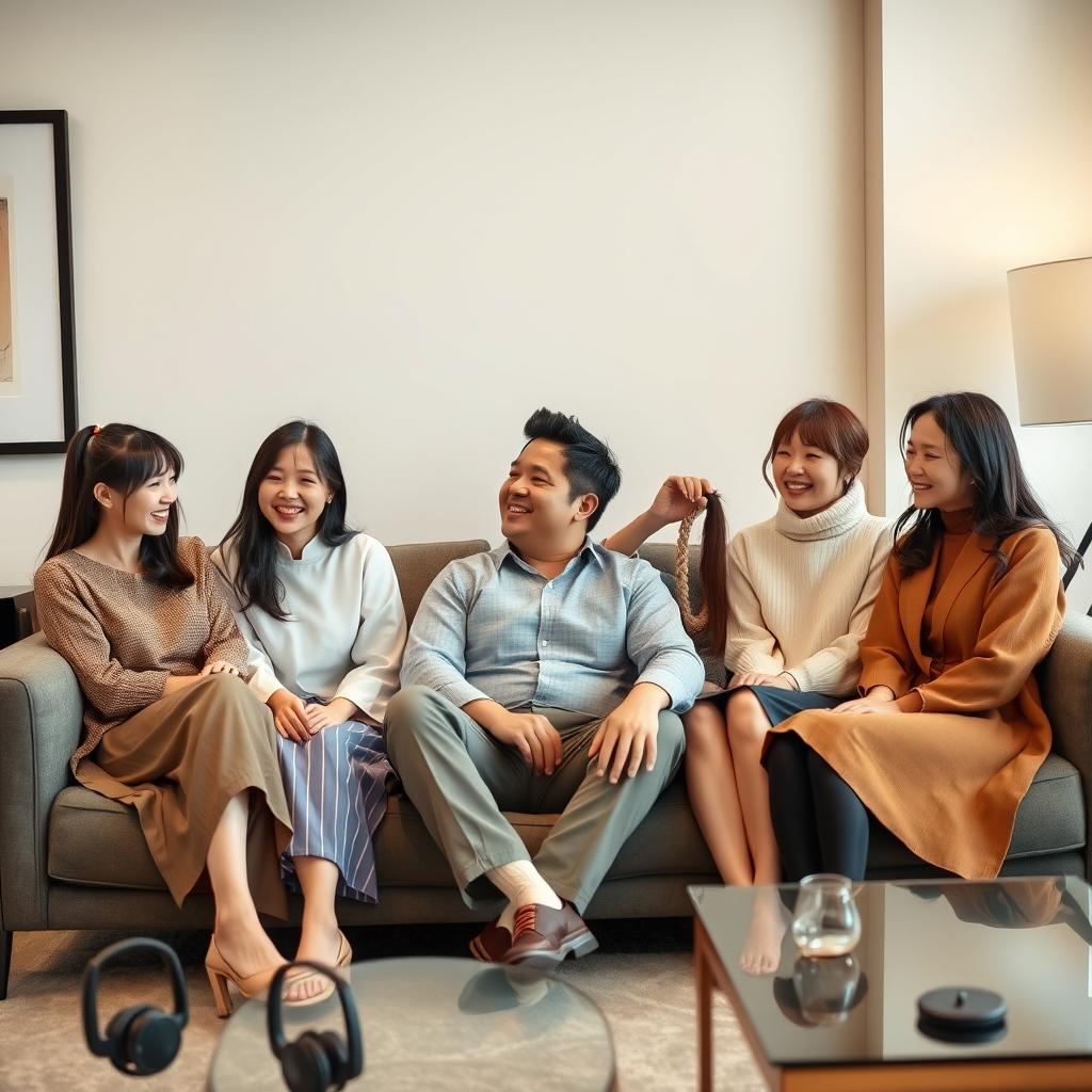 A man sitting comfortably on a modern sofa surrounded by four beautiful Japanese women