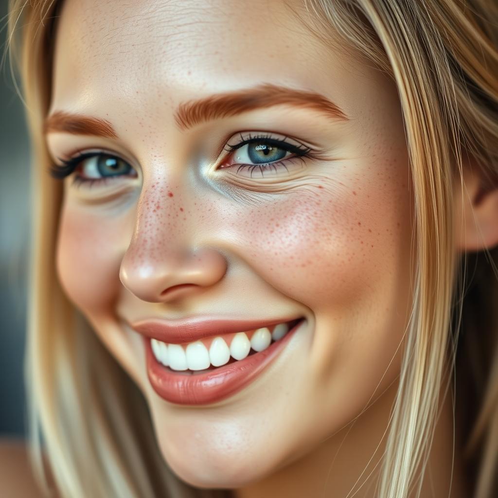 A close-up portrait of a model showcasing beautiful visible freckles on her face, highlighting her natural skin texture