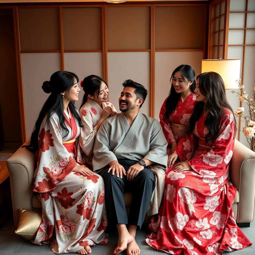A romantic scene featuring a man seated comfortably on a plush sofa, surrounded by four beautiful Japanese women