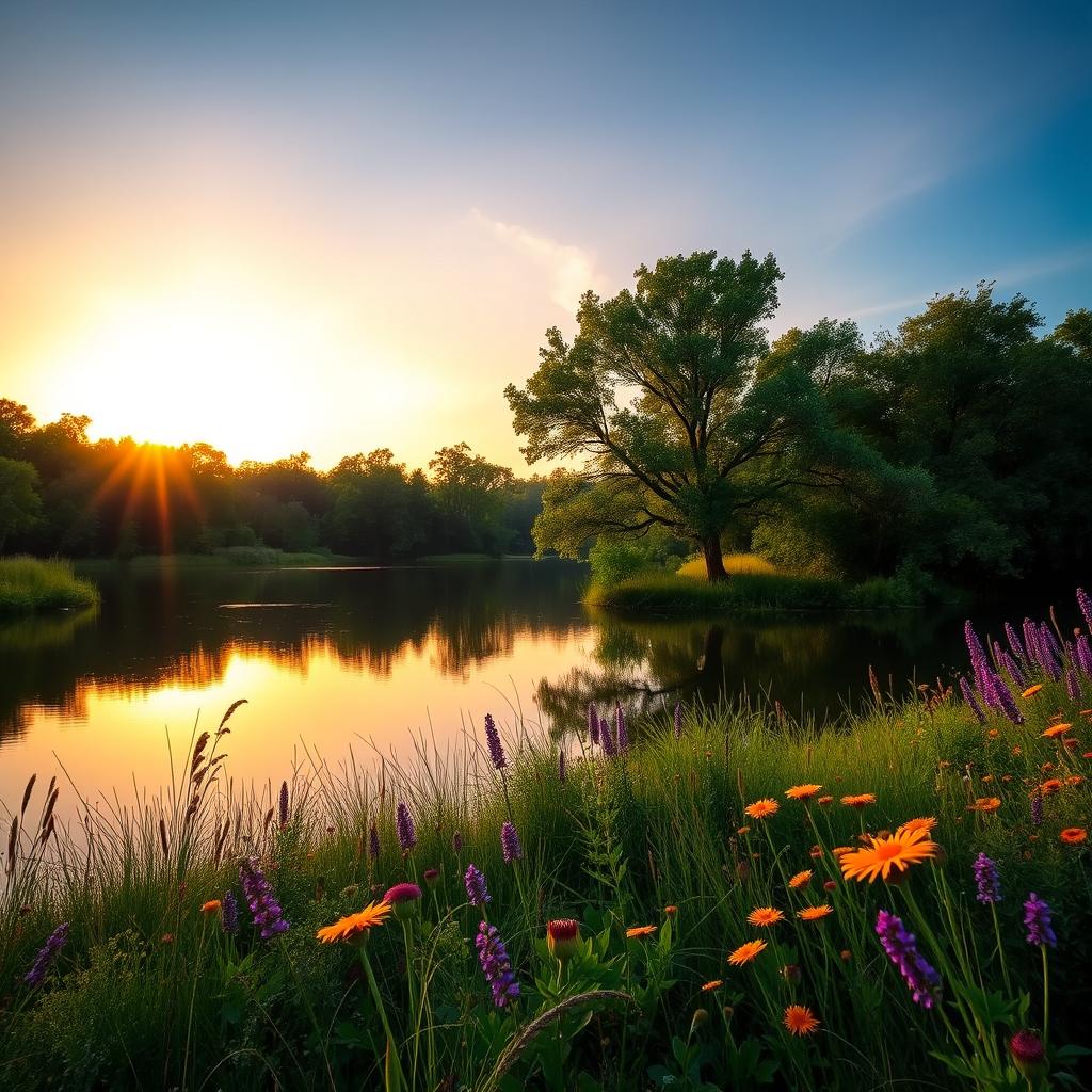 A beautifully lit photo of a tranquil landscape, featuring a serene lake surrounded by lush greenery and vibrant wildflowers
