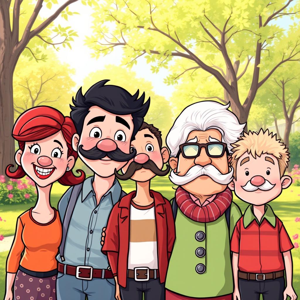 A whimsical cartoon scene showing a diverse group of people, all with vibrant, exaggerated mustaches