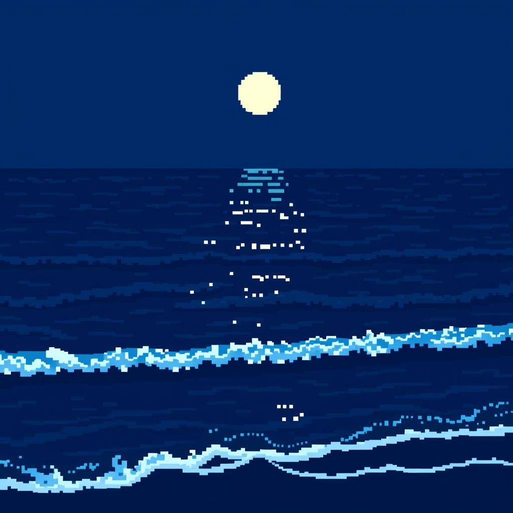 A tranquil pixel art sea scene measuring 8