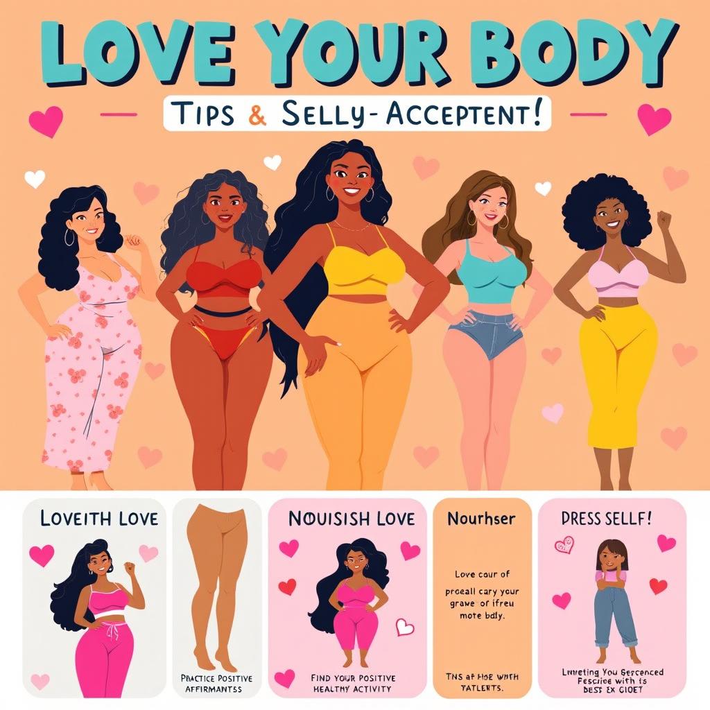 An infographic titled "Love Your Body: Tips for Self-Acceptance" featuring diverse illustrations of women of various ethnicities and body types, including curvy, athletic, and petite figures