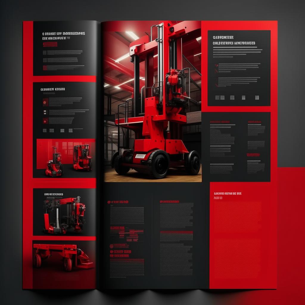 Develop a catalog design for OZKAR MAKINA company, emphasizing on machinery and lifting equipment. The dominant colors should be red and black, portraying the robust and industrious nature of their products.