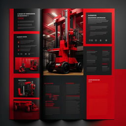 Develop a catalog design for OZKAR MAKINA company, emphasizing on machinery and lifting equipment. The dominant colors should be red and black, portraying the robust and industrious nature of their products.