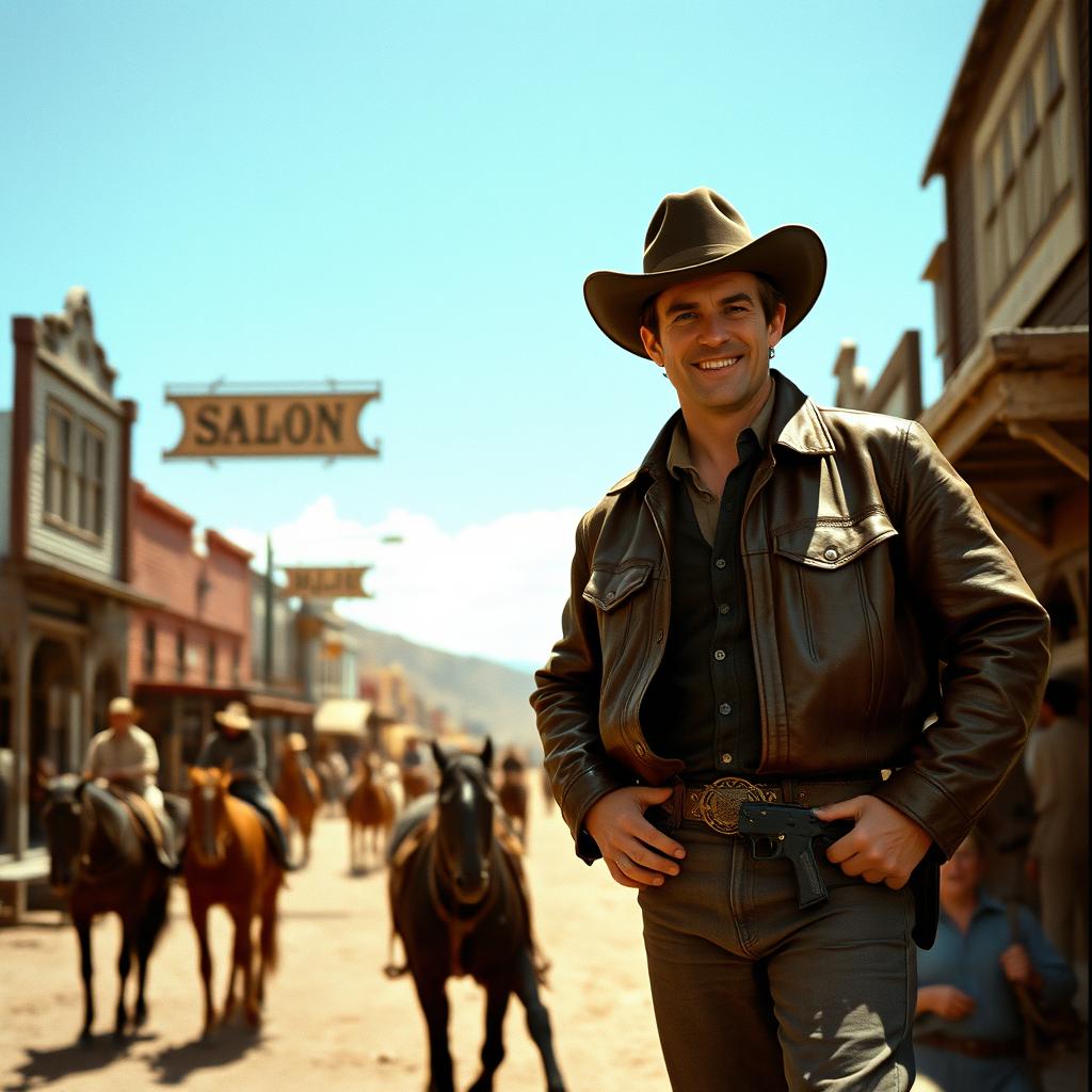 A classic 1973 scene from a film inspired by the essence of 'Maverick', featuring a charismatic and rugged cowboy in a worn leather jacket, standing confidently beside a vintage saloon