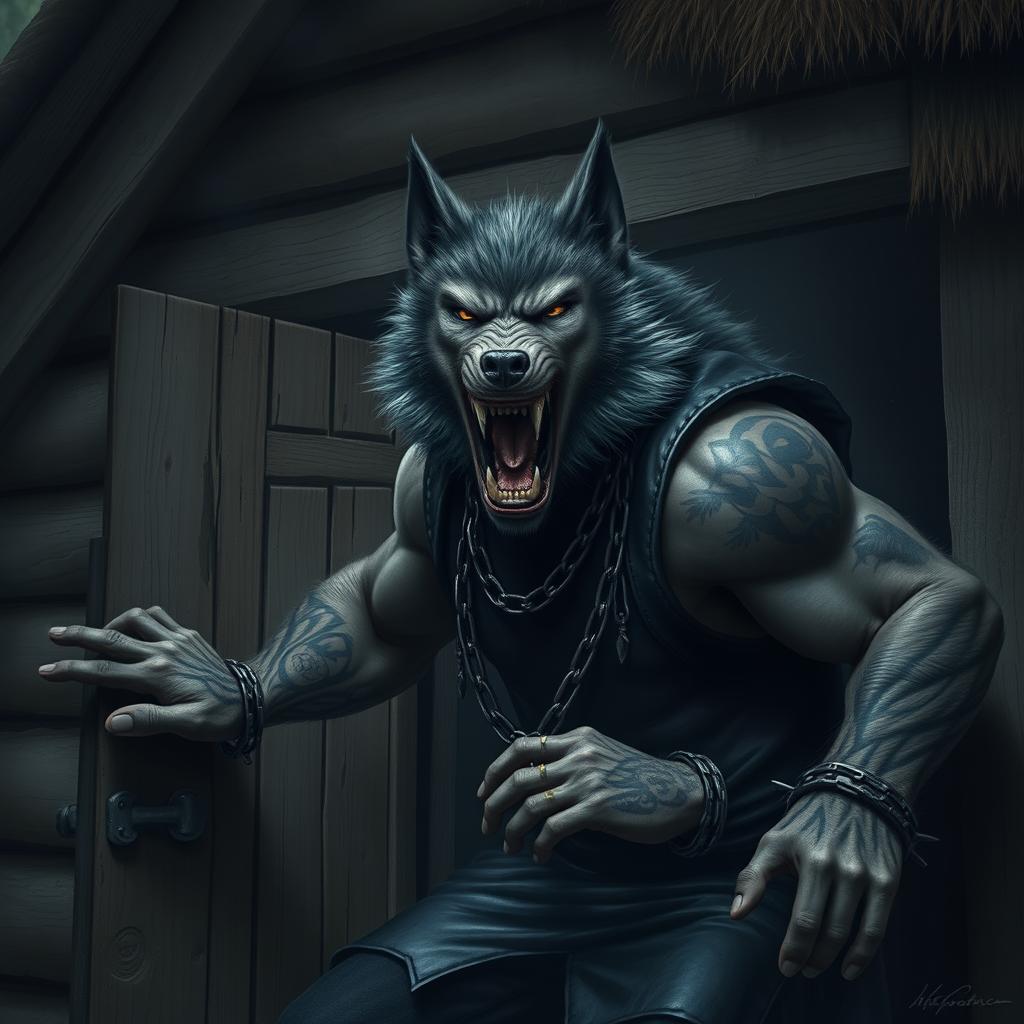 A realistic portrayal of a big bad wolf with a fierce expression, dressed in black leather and chains, heavily tattooed, banging hard on the door of a rustic house