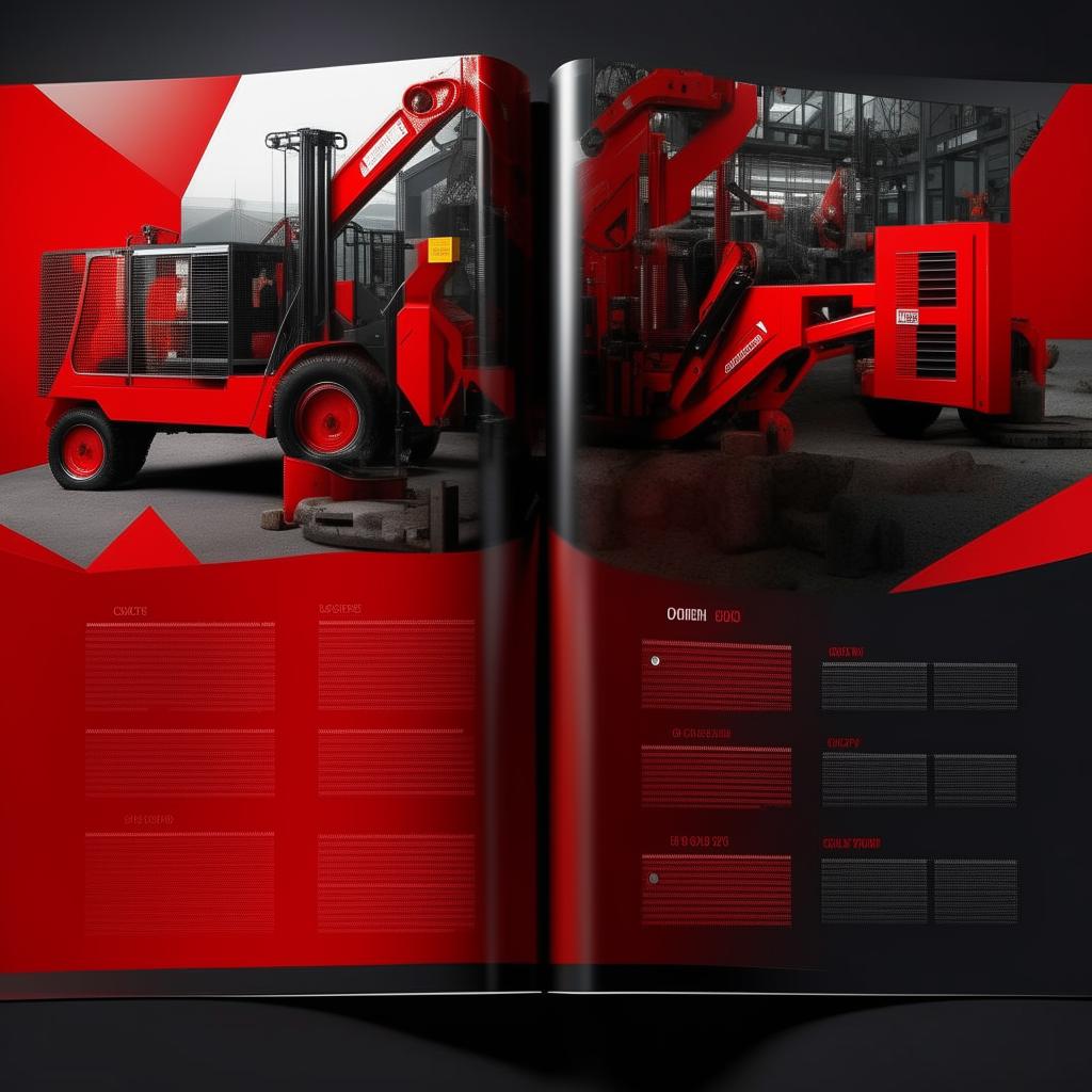 Design a catalog for OZKAR MAKINA company with its foundation in machinery and lifting equipment. The design should be predominated by the colors red and black, reflecting power and reliability.