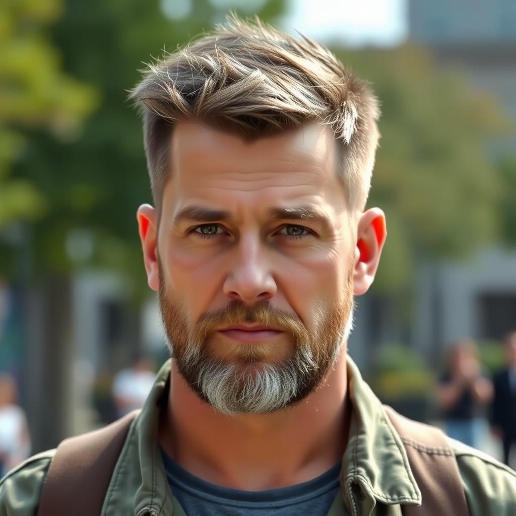 A tall man, approximately 47 years old, with a military haircut showcasing some hair loss, a light beard, and deep brown eyes