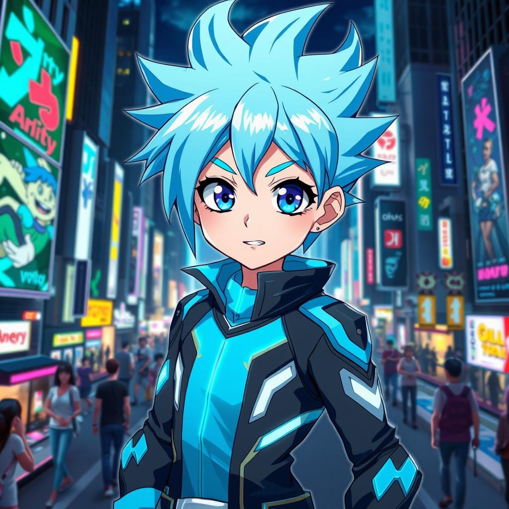 A vibrant and colorful anime-inspired character design, featuring a stylish young person with spiky blue hair, expressive large eyes, and a confident pose