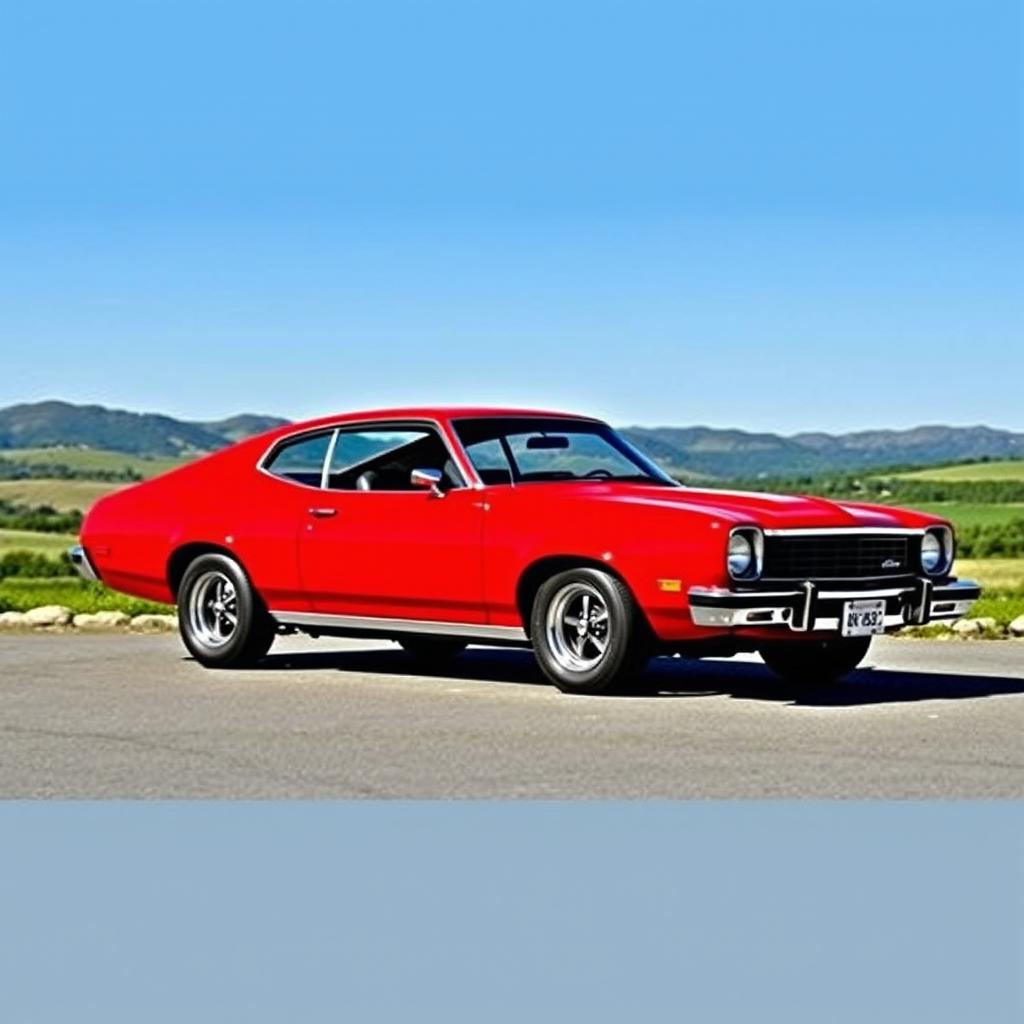 A beautifully restored 1973 Ford Maverick parked in a scenic location, showcasing its classic design