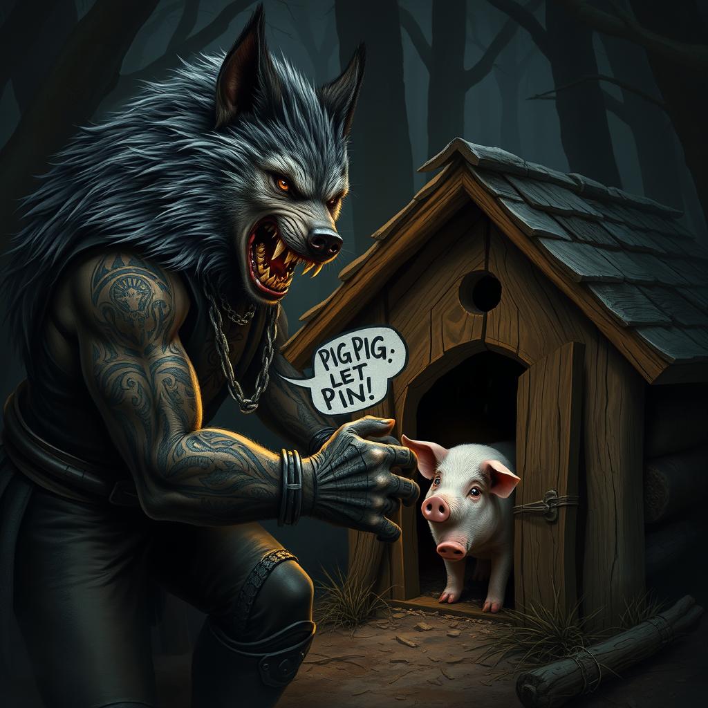 A realistic scene depicting a big bad wolf dressed in an intimidating outfit of black leather and chains, complete with tattoos that enhance his fierce appearance