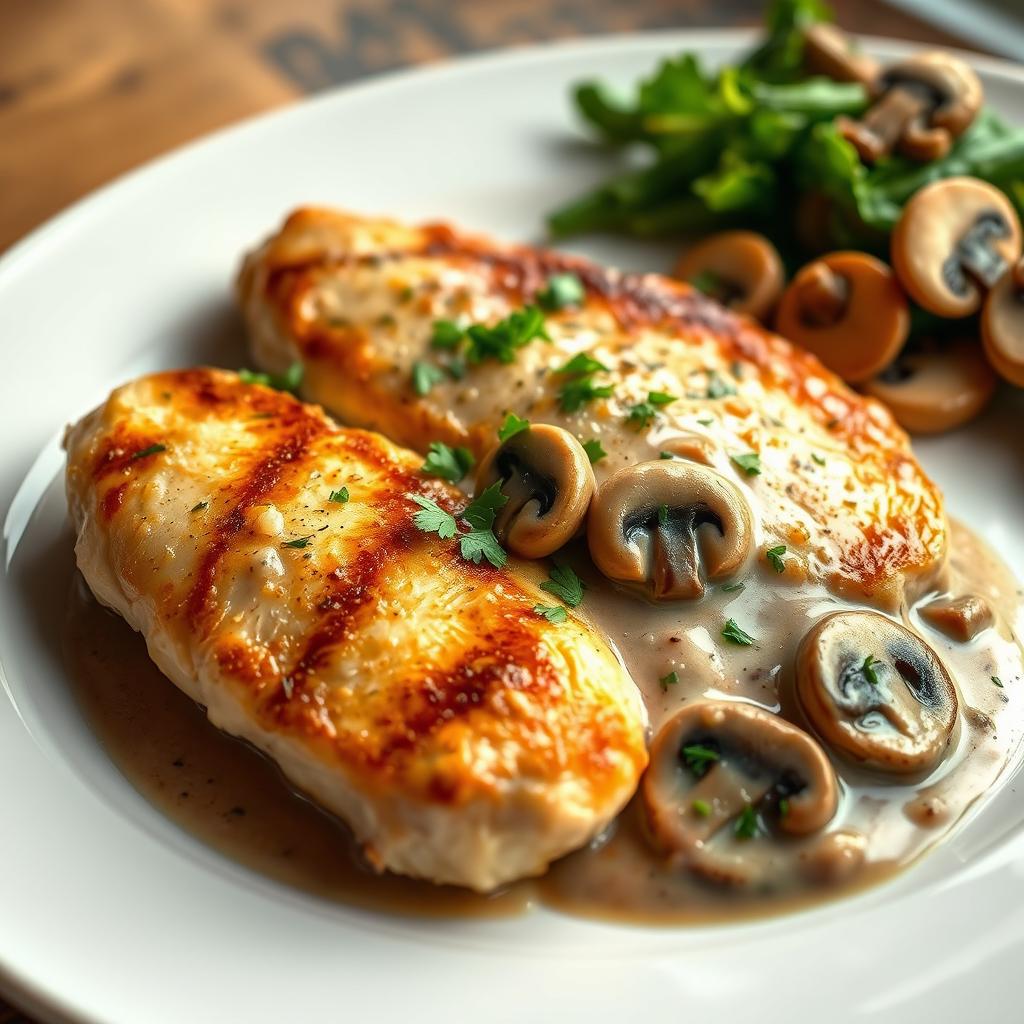 A beautifully plated dish featuring succulent chicken fillets served with a creamy mushroom sauce