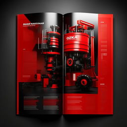 Design a catalog for OZKAR MAKINA company with its foundation in machinery and lifting equipment. The design should be predominated by the colors red and black, reflecting power and reliability.