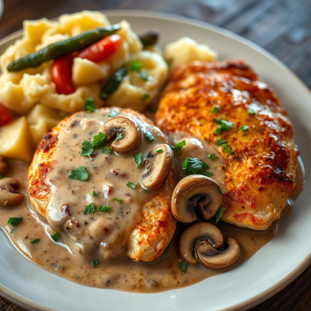 A mouthwatering plated dish of chicken fillets served with a rich creamy mushroom sauce, garnished with chopped fresh parsley