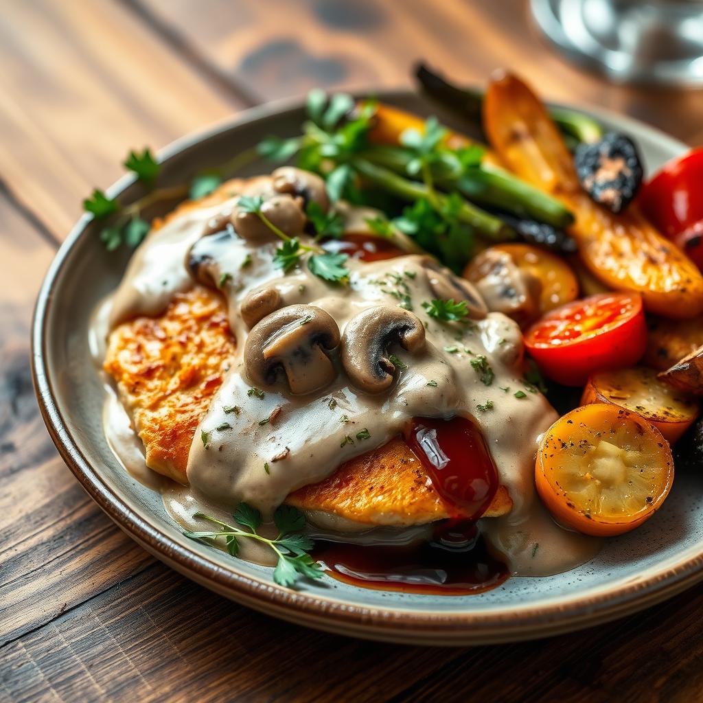 A delicious serving of chicken fillet with creamy mushroom sauce, beautifully plated