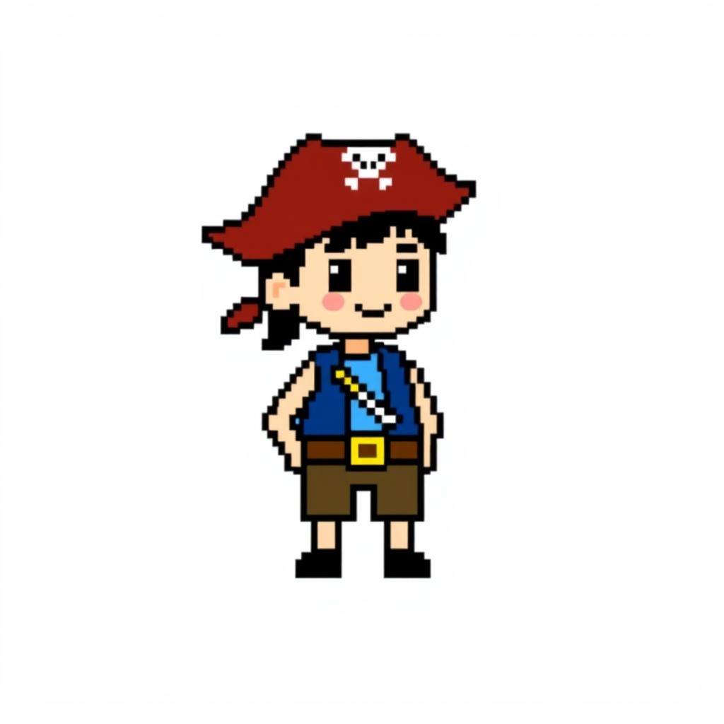 A very simplistic pixelated avatar of a pirate boy, depicted in a side view for an 8
