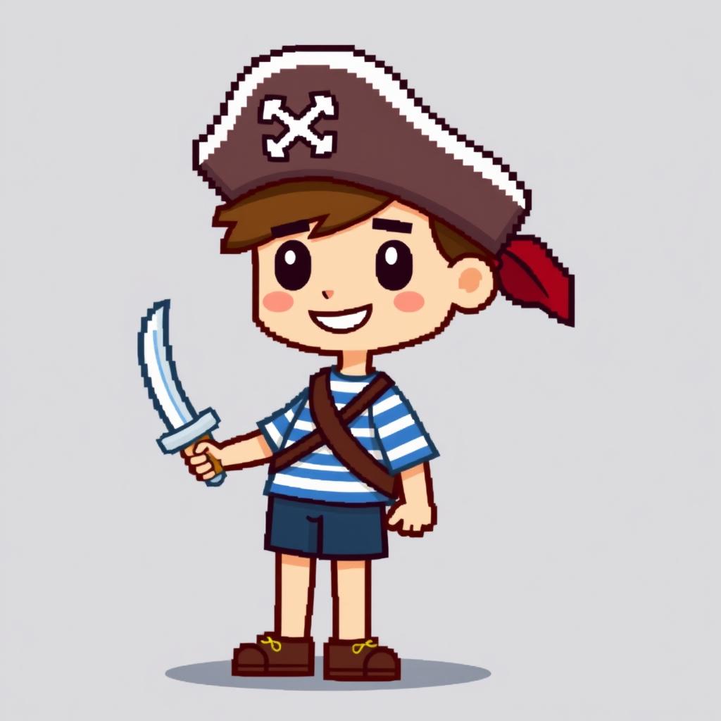 A very simplistic pixelated avatar of a pirate boy, illustrated in a side view for an 8