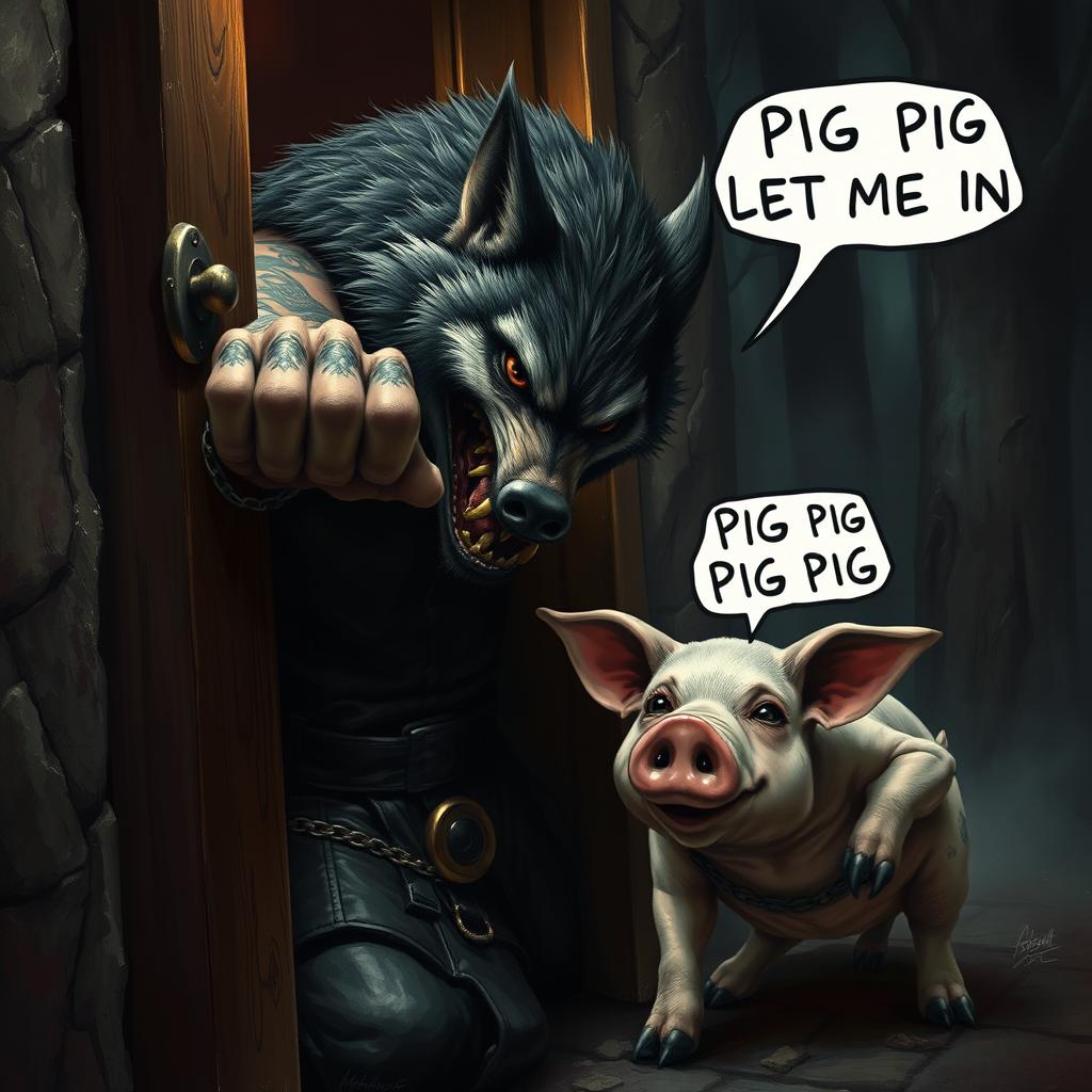 A highly detailed and realistic scene depicting a menacing big bad wolf, clad in black leather and chains, adorned with intricate tattoos