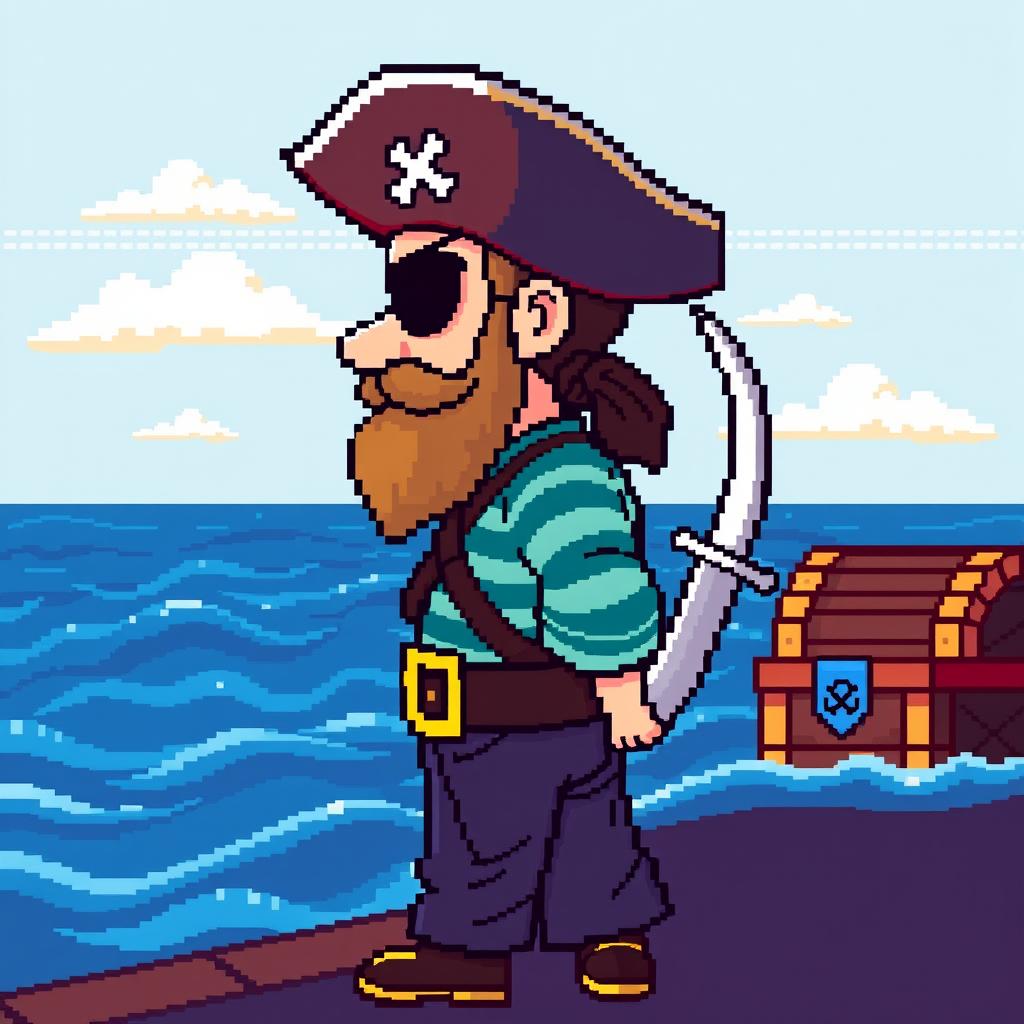 A 16-bit pixel art style illustration of a pirate seen from a side view