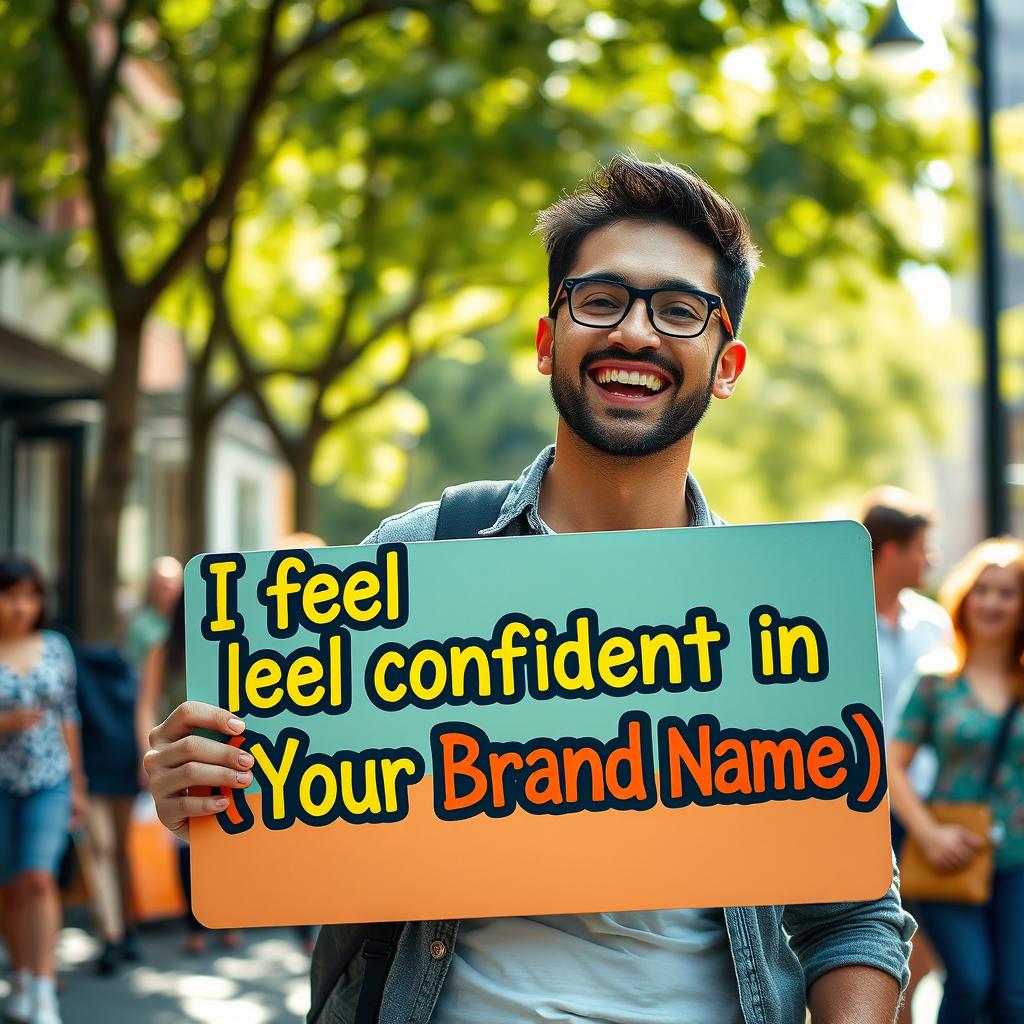 A cheerful customer standing outdoors, holding a colorful sign that reads, "I feel confident in [Your Brand Name]"