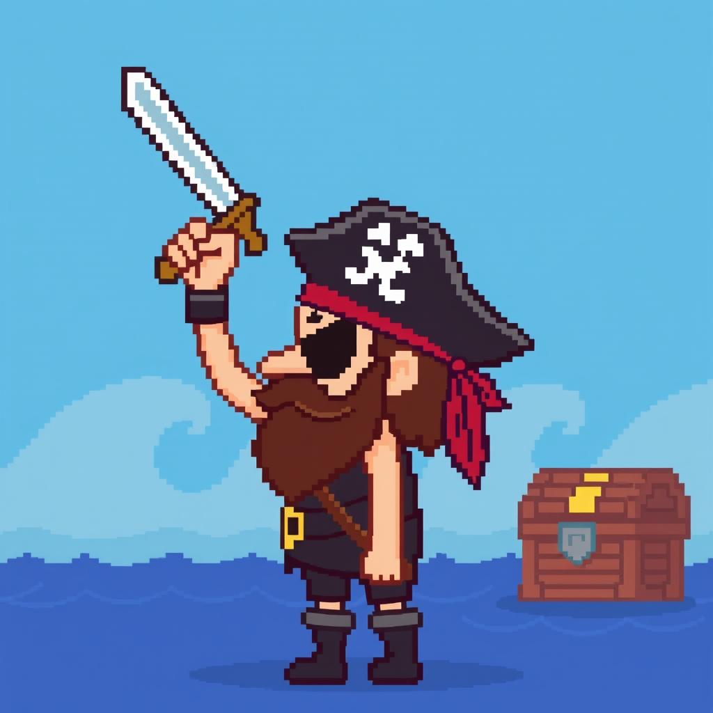 A simplistic 8-bit pixelated representation of a pirate character, viewed from the side