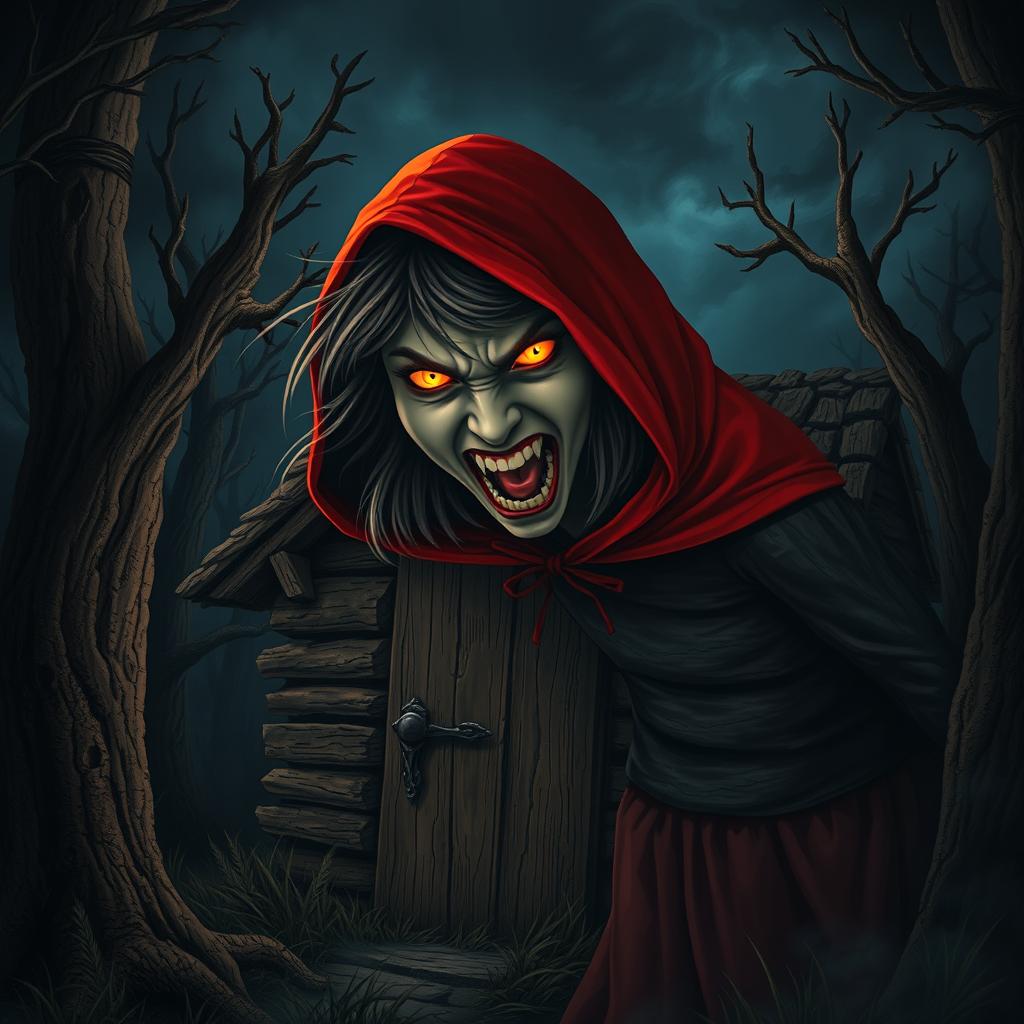 A dramatic scene depicting Red Riding Hood in the midst of transformation into the Big Bad Wolf