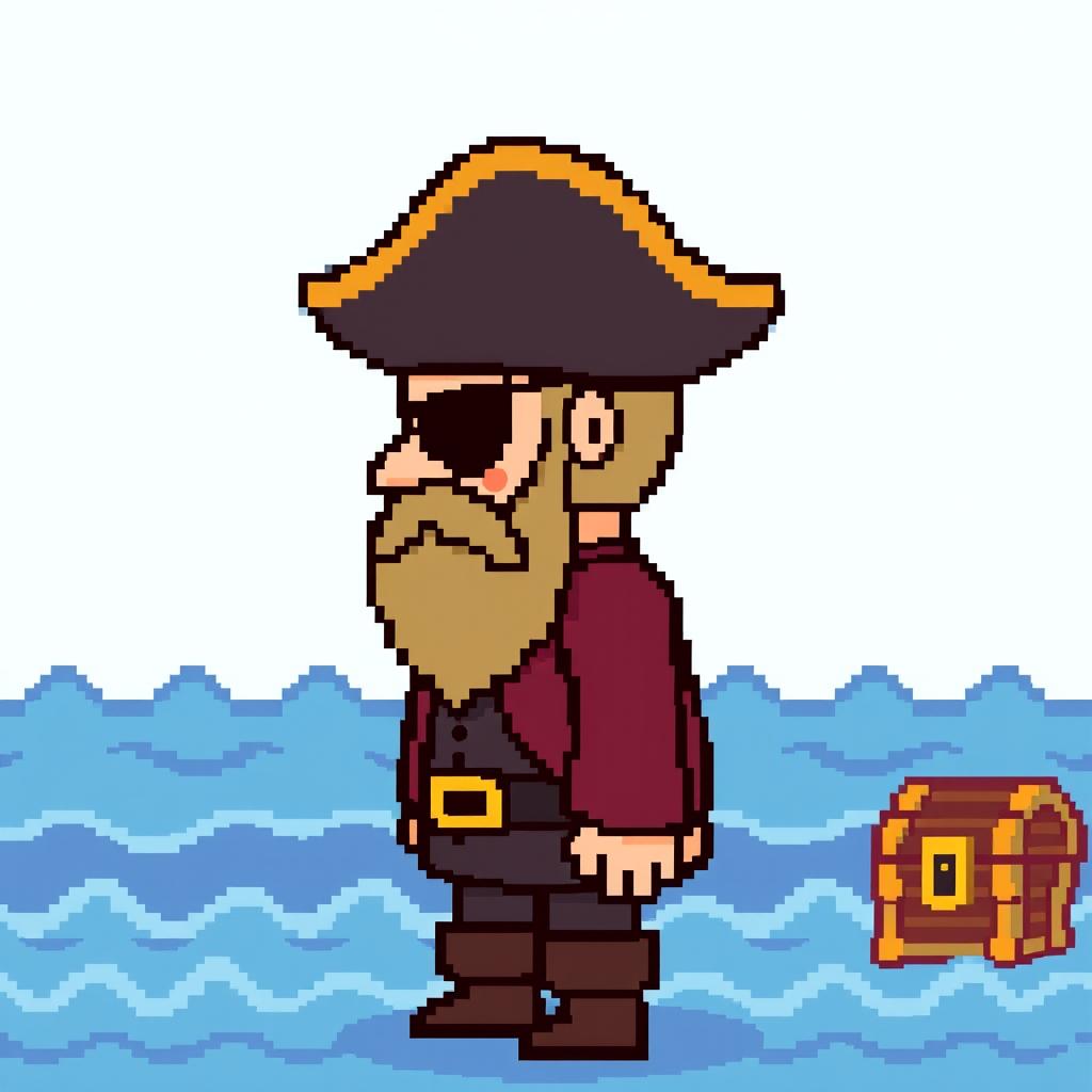 A simplistic 8-bit pixelated representation of a pirate character, viewed from the side in an idle pose