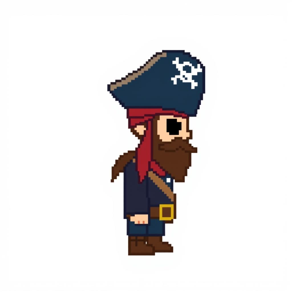 A simple pixelated pirate captain character in a side view, designed with minimal details and chunky pixels