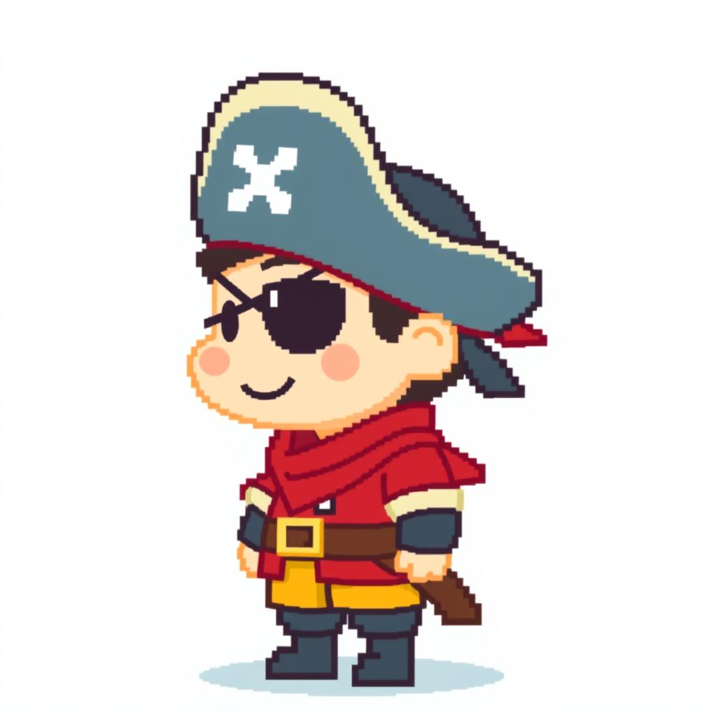 A cute and aesthetic, simple pixelated pirate captain character in a side view, designed with minimal details and chunky pixels