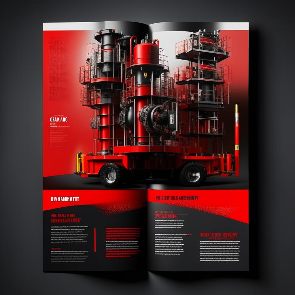 Design a catalog for OZKAR MAKINA company with its foundation in machinery and lifting equipment. The design should be predominated by the colors red and black, reflecting power and reliability.