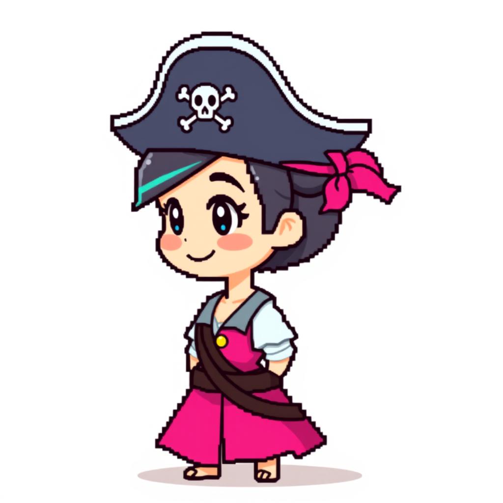 A cute and aesthetic, simple pixelated female pirate captain character in a side view, designed with minimal details and chunky pixels