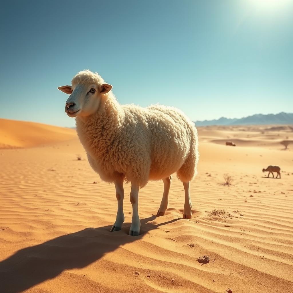a fluffy sheep standing in a vast desert landscape, surrounded by golden sand dunes under a bright blue sky, the sun casting soft shadows on the ground, the sheep's wool is thick and fluffy, reflecting the sunlight, the desert is serene with a few sparse desert plants scattered around, there are distant mountains on the horizon, creating a peaceful yet wild atmosphere