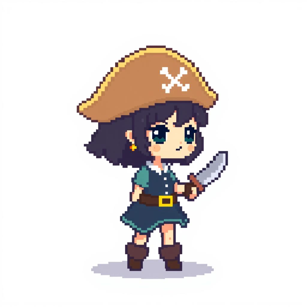 A simple pixelated pirate captain girl character, designed in a game sprite style