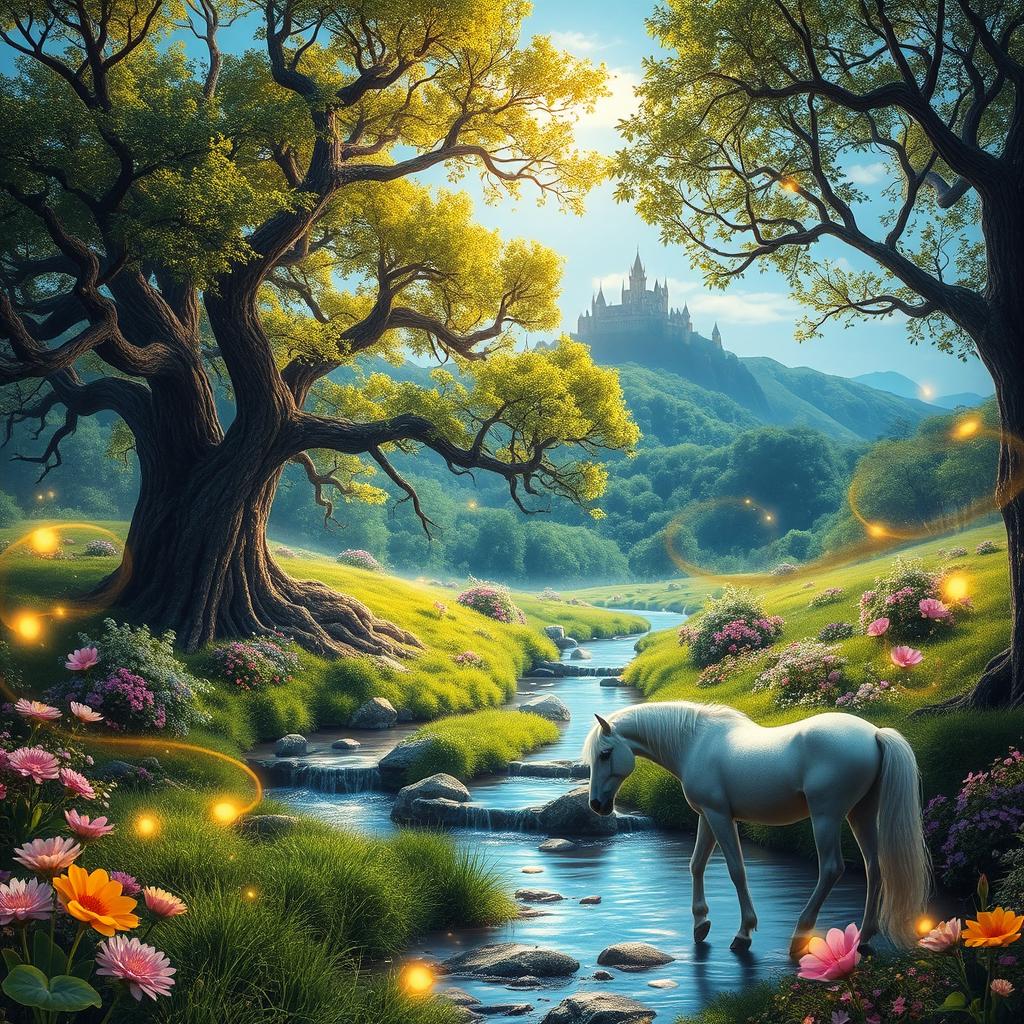 A lush fantasy landscape featuring a vibrant enchanted forest filled with glowing flowers and ancient trees
