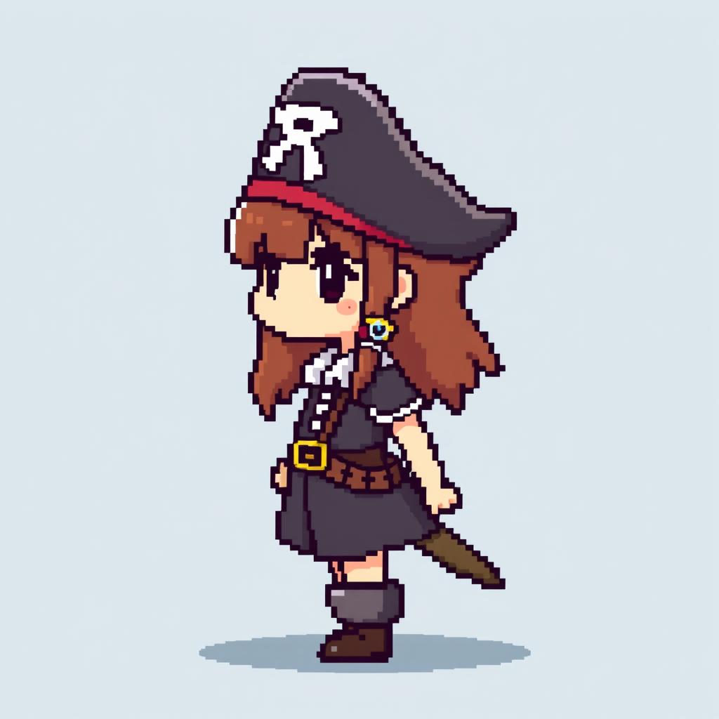 A simple pixelated pirate captain girl character in a game sprite style, showcasing a side view