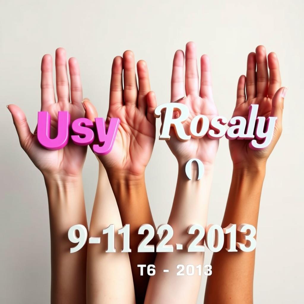 An artistic representation featuring five hands, each hand uniquely styled and positioned, with 3D letters elegantly displayed on each hand