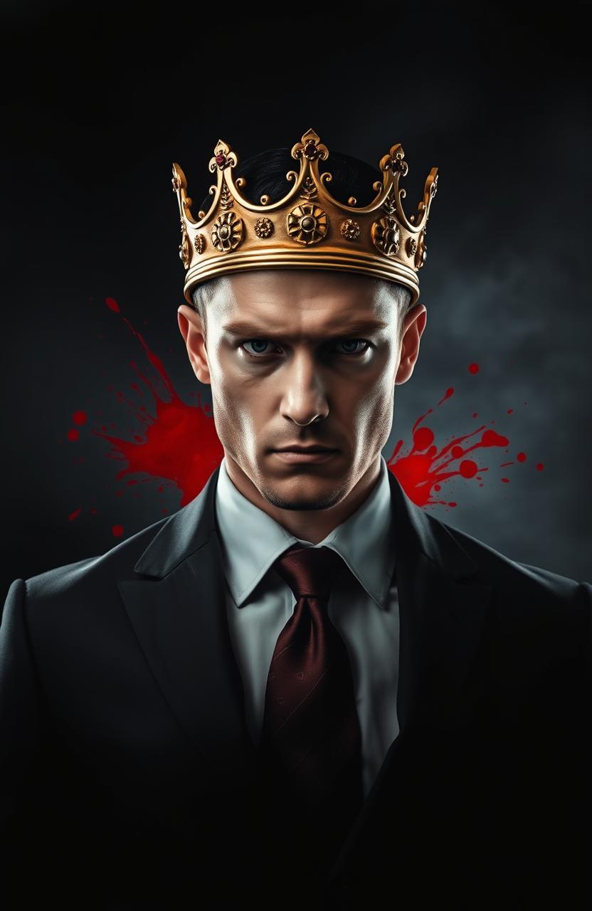 A dramatic and powerful image of a man dressed in a suit, wearing a crown that symbolizes power and authority