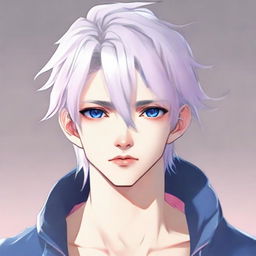 Generate an image of a rebellious twink anime boy with a feminine body. He has medium length white hair, eyebrows, lashes, slender skin, and a harmonious face. His Korean-style sharp blue eyes are highlighted with a hint of pink at the corners. He lacks muscle mass and is portrayed neutrally looking away.