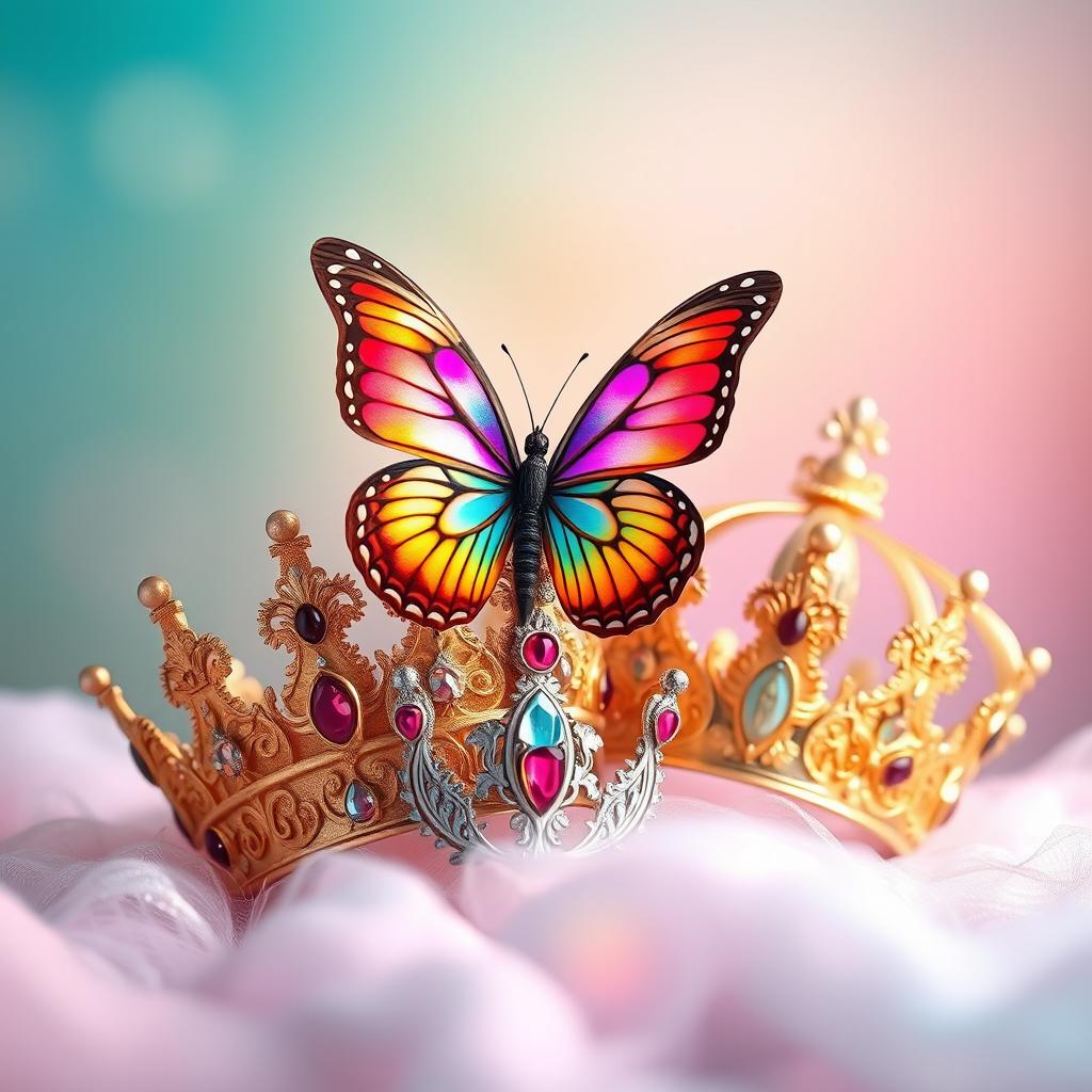 An enchanting and vibrant image featuring beautifully detailed crowns adorned with intricate designs and jewels, placed elegantly around a delicate butterfly perched atop one of the crowns