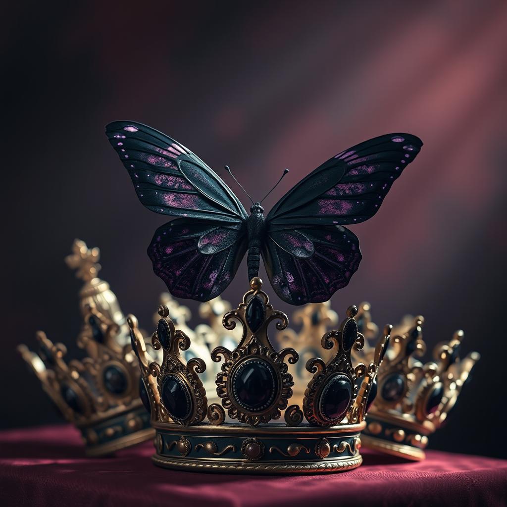 A captivating and slightly mysterious image featuring beautifully crafted crowns adorned with intricate designs and dark jewels, surrounding a strikingly dark butterfly with deep shades of black and purple on its wings
