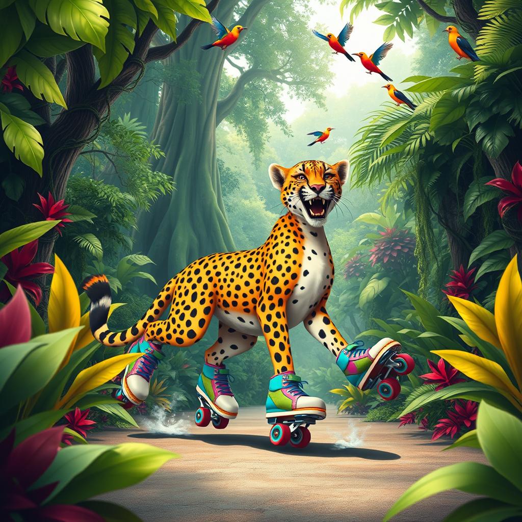 A vibrant scene featuring a cheetah rollerskating gracefully through a lush jungle filled with dense greenery, colorful tropical plants, and dappled sunlight filtering through the leaves