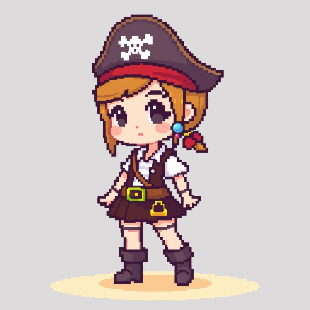 A simple pixelated pirate captain girl character, illustrated in a game sprite style
