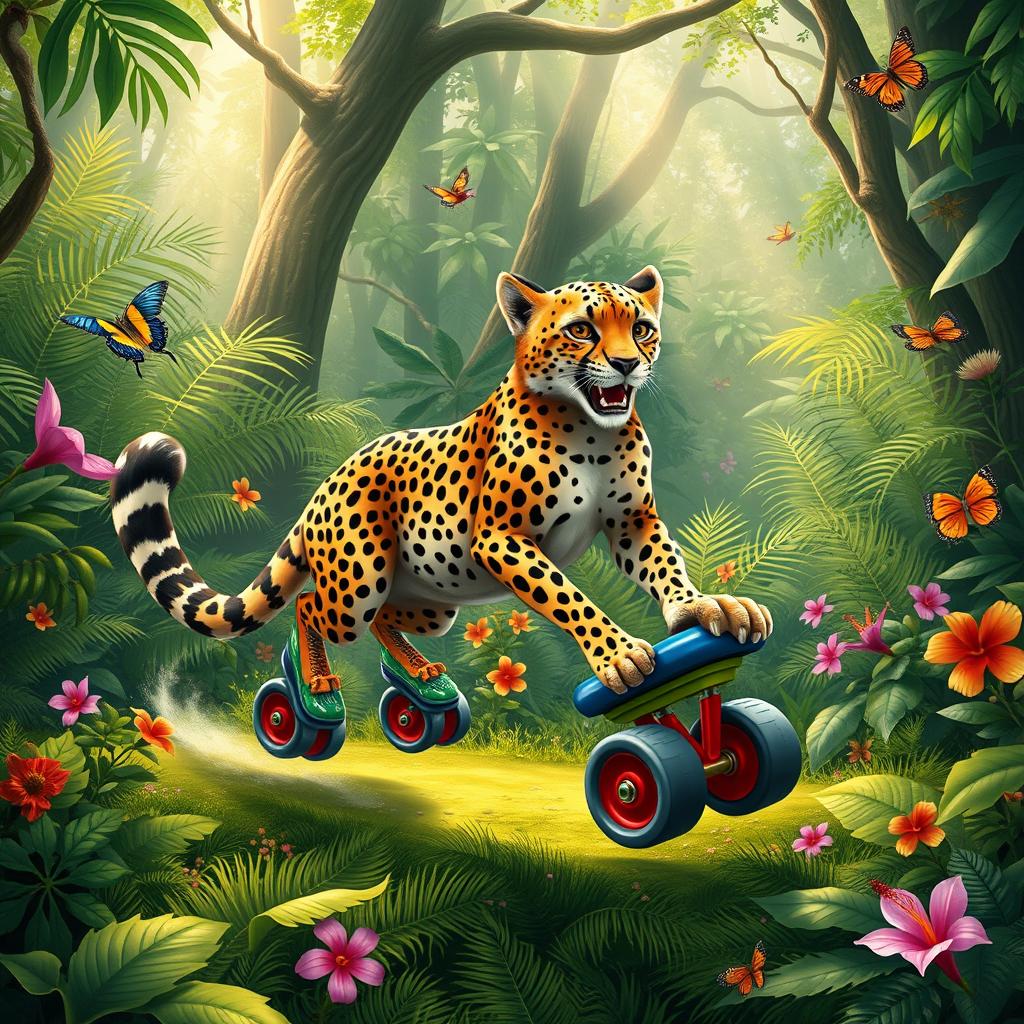 A vibrant, dynamic scene featuring a Cheetah wearing colorful quad roller skates, gracefully gliding through a lush jungle filled with diverse greenery, ferns, and tropical flowers