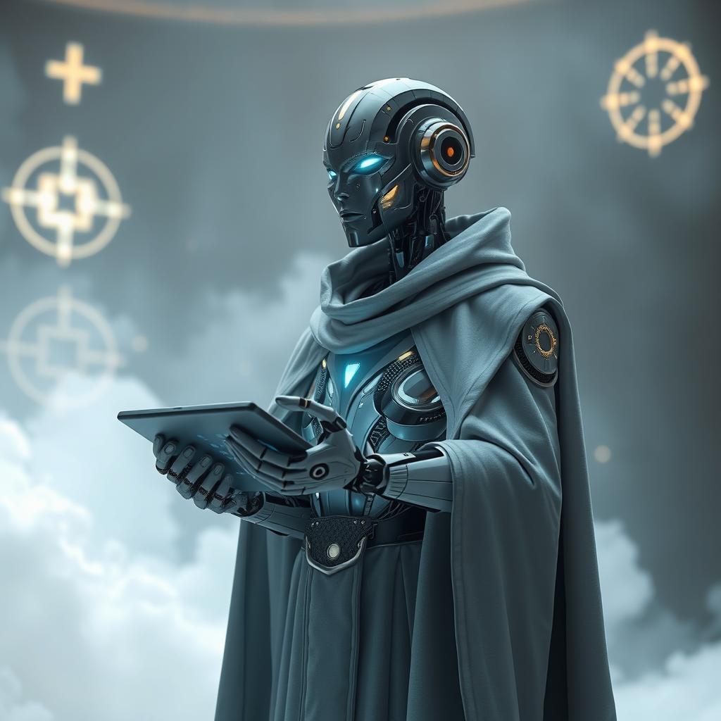A futuristic robot priest in a flowing gray cloak, standing in a serene and ethereal environment
