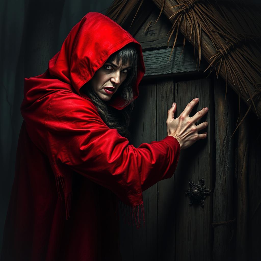 A realistic portrayal of an evil Red Riding Hood, with a sinister expression and menacing posture, fiercely pounding on the door of a house made from straw