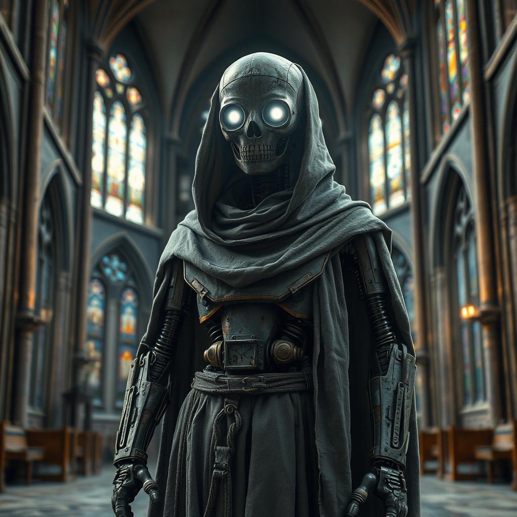 A worn down robot priest adorned in a tattered gray cloak, standing solemnly in a dimly lit, ancient cathedral
