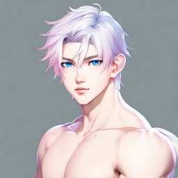 Generate an image of a rebellious twink anime boy with a feminine body. He has medium length white hair, eyebrows, lashes, slender skin, and a harmonious face. His Korean-style sharp blue eyes are highlighted with a hint of pink at the corners. He lacks muscle mass and is portrayed neutrally looking away.