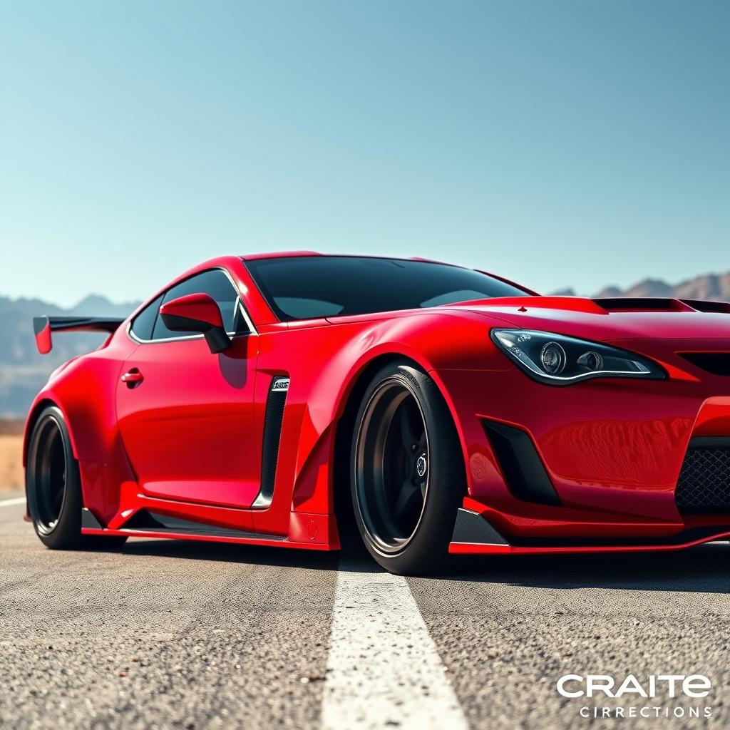 A stunning red sports car featuring an aggressive wide body kit that enhances its aerodynamics and bold appearance