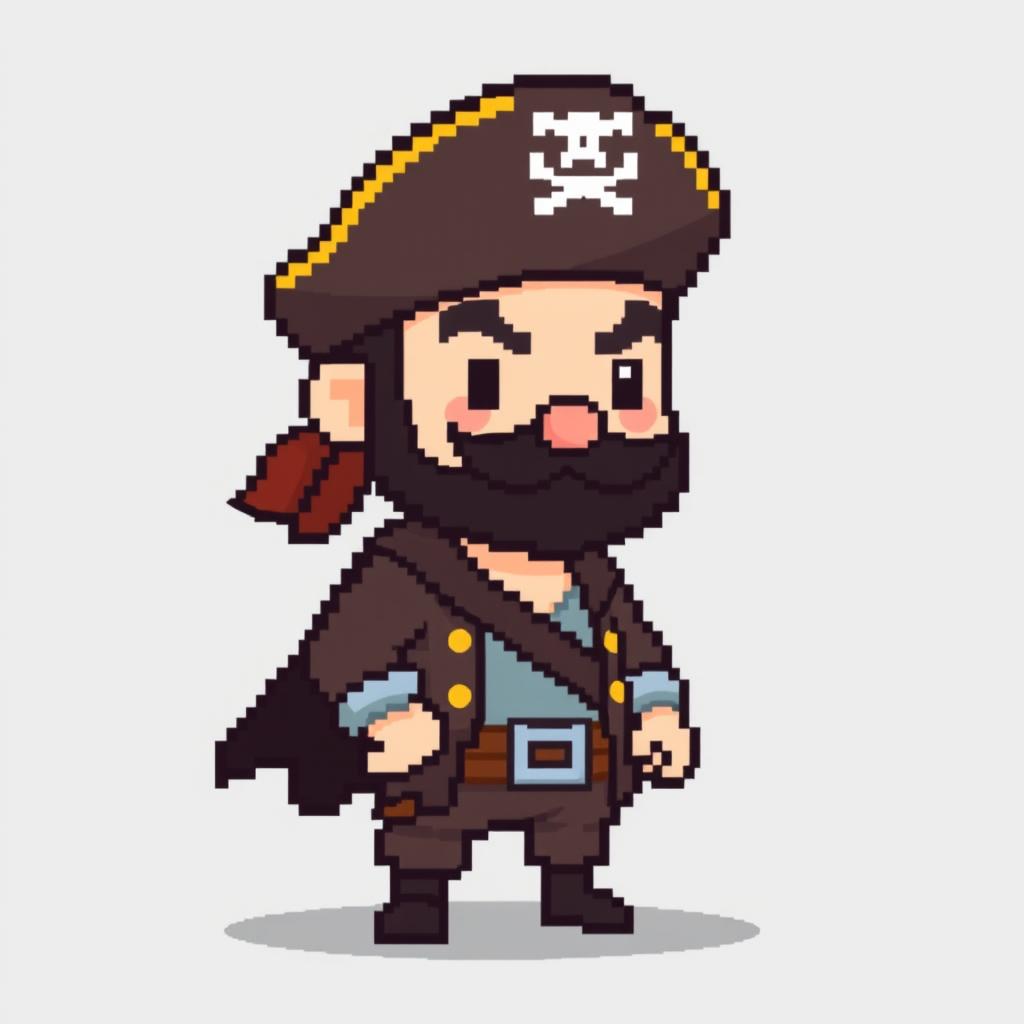 A simple pixelated pirate captain man character, designed in a game sprite style